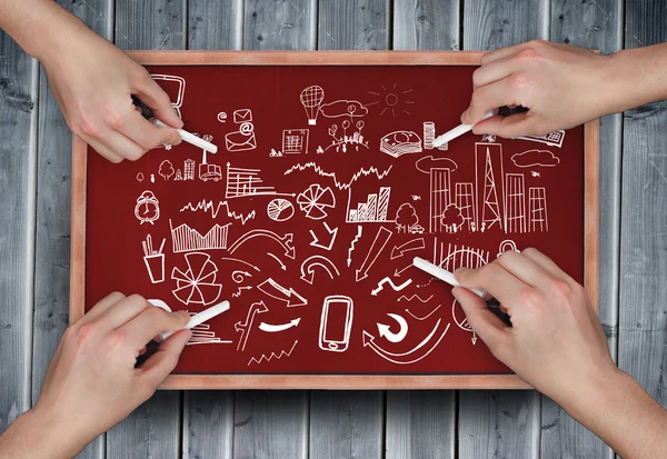 Multiple hands drawing brainstorm with chalk — Stock Photo, Image