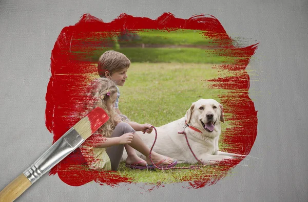 Composite image of siblings and their dog — Stock Photo, Image