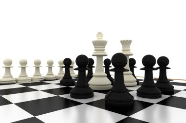 White king and queen surrounded by black pawns clipart