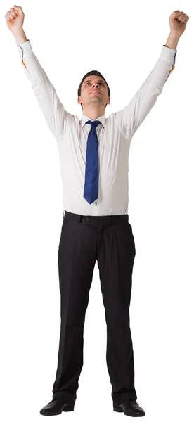 Empresário torcendo com as mãos levantadas — Fotografia de Stock