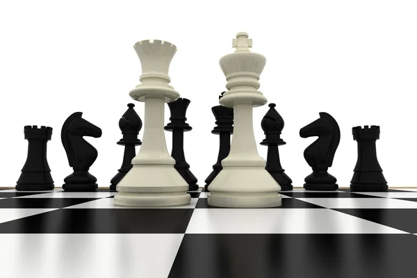 White king and queen standing in front of black pieces — Stock Photo, Image