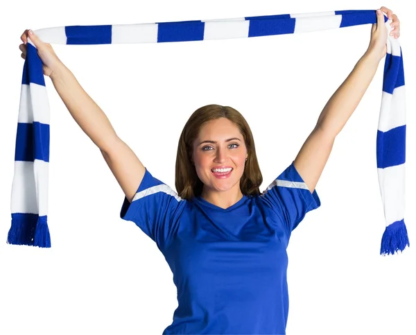 Pretty football fan waving scarf — Stock Photo, Image