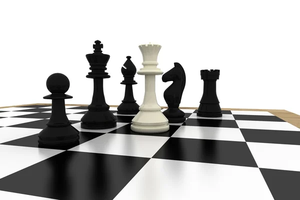 White queen standing with black chess pieces — Stock Photo, Image