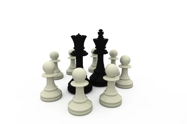 Black king and queen surrounded by white pieces — Stock Photo, Image