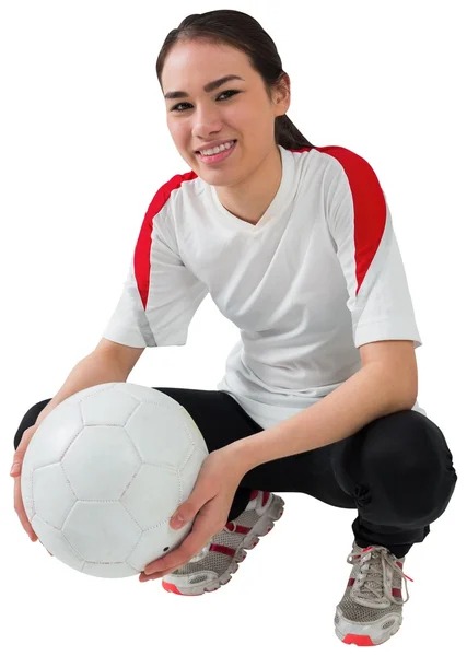 Football fan in white holding ball — Stock Photo, Image