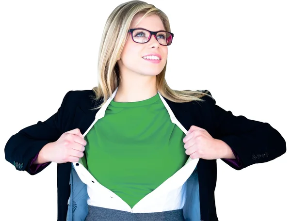 Businesswoman opening shirt in superhero style — Stock Photo, Image