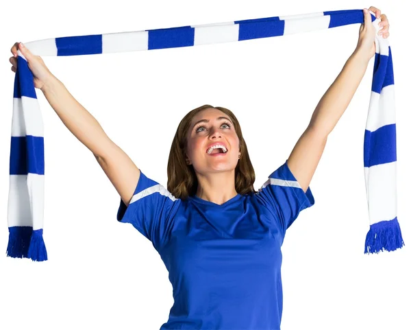 Pretty football fan waving scarf — Stock Photo, Image