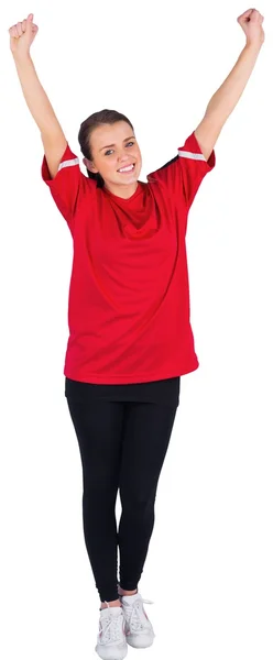 Excited football fan in red cheering — Stock Photo, Image