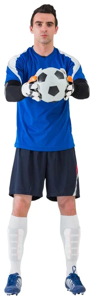Przystojny grający na pozycji bramkarza w blue jersey — Zdjęcie stockowe