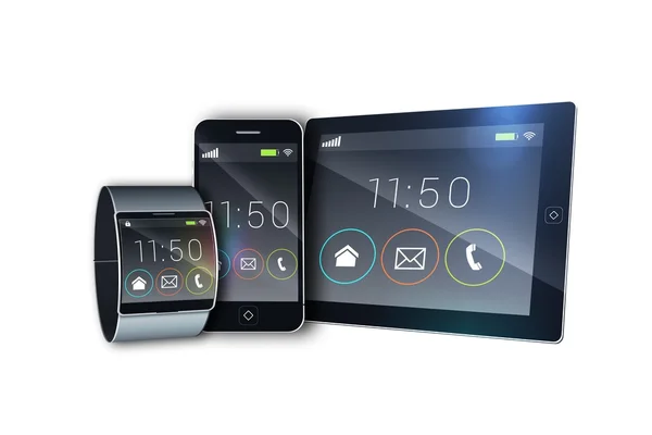 Futuristické černé hodinky s tablety a smartphony — Stock fotografie