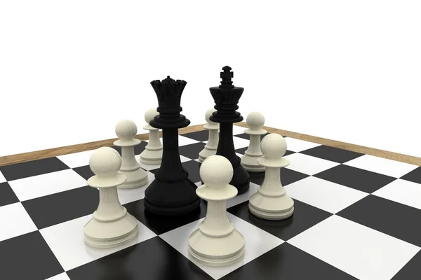 Black king and queen surrounded by white pawns — Stock Photo, Image