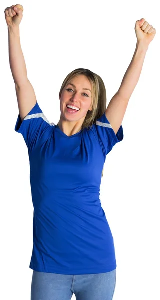 Cheering football fan in blue jersey — Stock Photo, Image