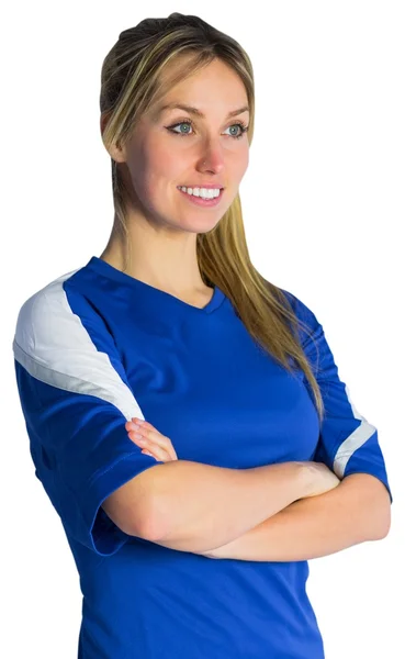 Pretty football fan in blue jersey — Stock Photo, Image