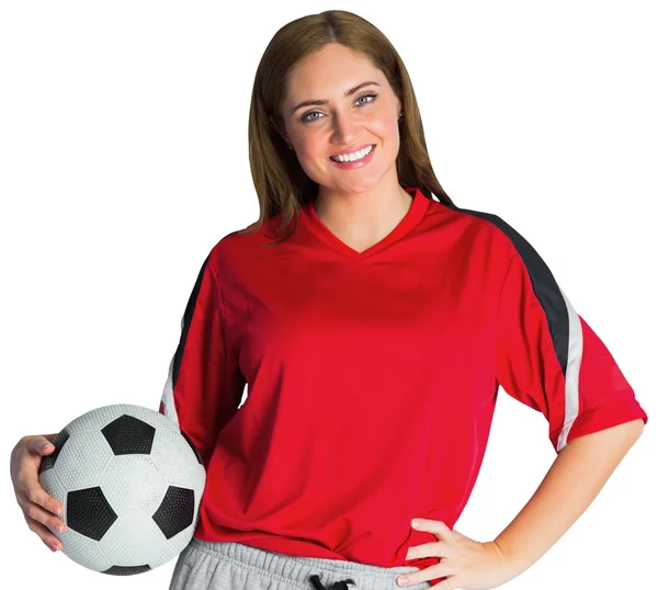 Bonito fã de futebol sorrindo para a câmera — Fotografia de Stock