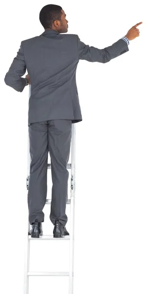 Businessman standing on ladder pointing — Stock Photo, Image