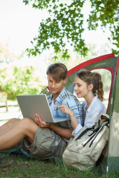 Para w namiocie, patrząc na laptopa — Zdjęcie stockowe