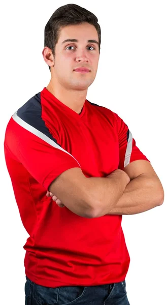 Bonito fã de futebol em camisola vermelha — Fotografia de Stock