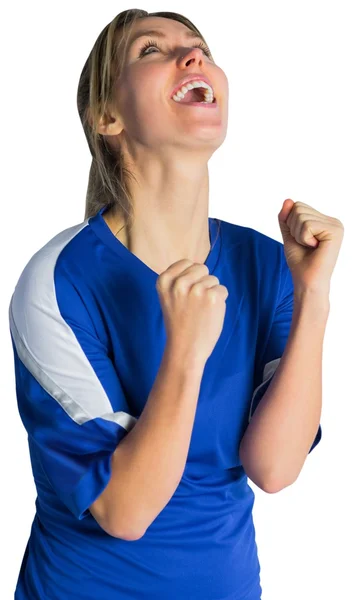 Juichende voetbalfan in blauwe trui — Stockfoto