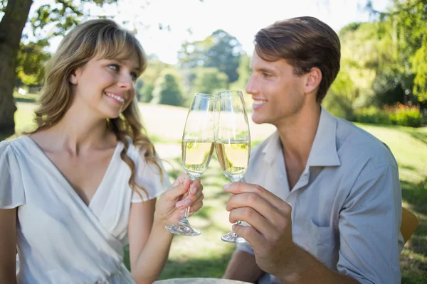 Paar stößt draußen mit Champagner an lizenzfreie Stockbilder
