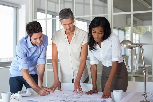 Team of architects looking at blueprints — Stock Photo, Image