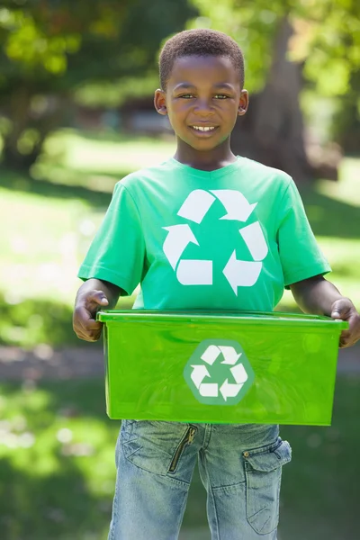 Boy in recycling tshirt holding box — Stock Photo, Image