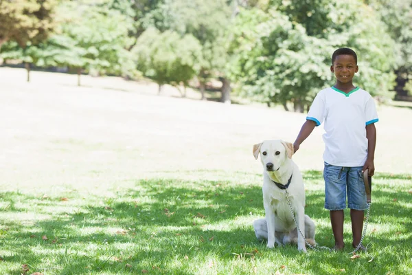 Boy with his labrador in the park — Stock Photo, Image