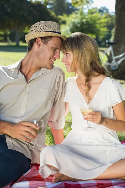 Par som dricker vin på picknick — Stockfoto