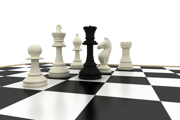 Zwarte queen met witte schaakstukken — Stockfoto