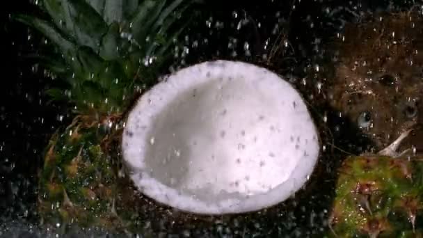 Lluvia de agua sobre coco y piñas — Vídeo de stock