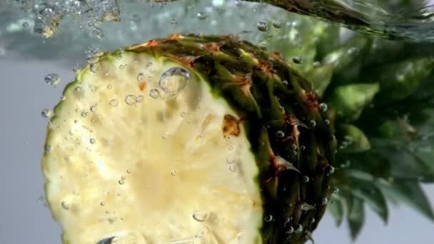 Ananas à moitié flottant dans l'eau — Video