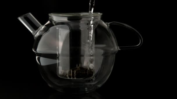 Water pouring into glass teapot — Stock Video