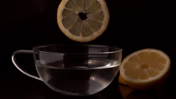 Lemon slices falling into glass cup — Stock Video