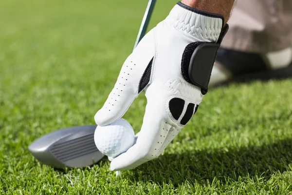 Golfista colocando bola de golfe no tee — Fotografia de Stock