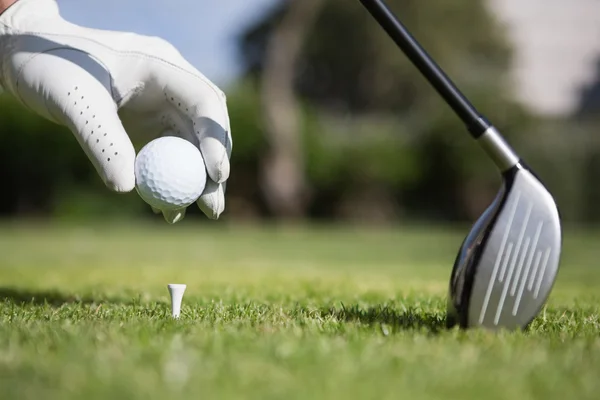 Golfer platziert Golfball auf Abschlag — Stockfoto