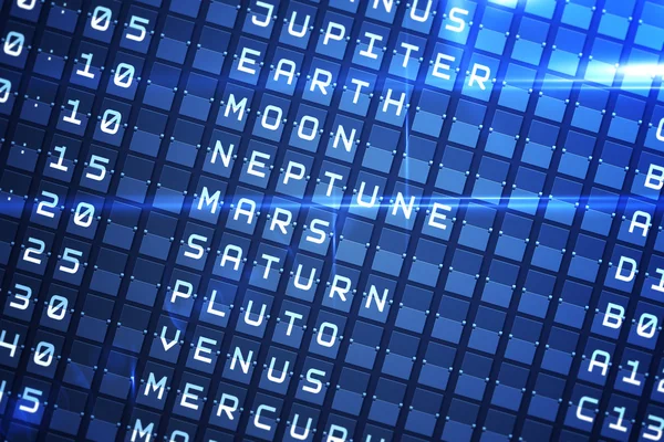 Blue departures board for space travel — Stock Photo, Image
