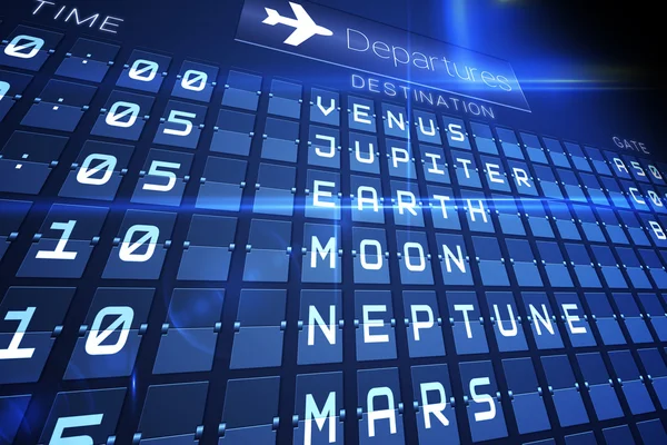 Blue departures board for space travel — Stock Photo, Image