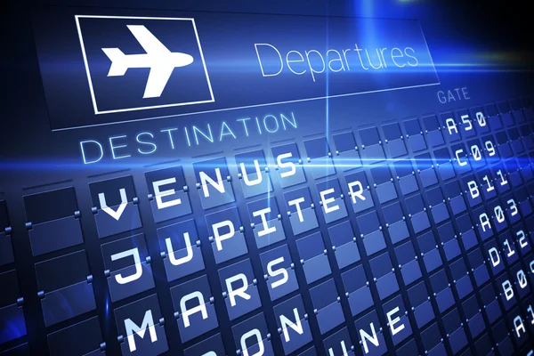 Blue departures board for space travel — Stock Photo, Image