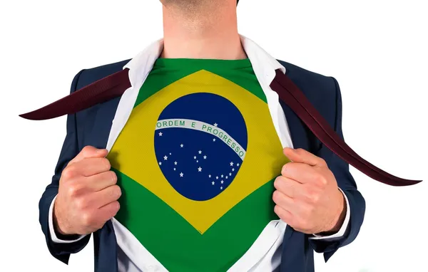 Επιχειρηματίας άνοιγμα πουκάμισο να αποκαλύψει σημαία Βραζιλία — Φωτογραφία Αρχείου
