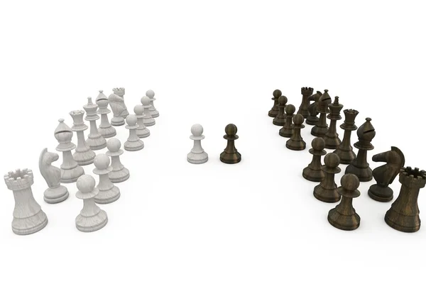 Wooden chess pieces facing off — Stock Photo, Image