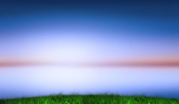 Mor ve mavi gökyüzü altında yeşil çimen — Stok fotoğraf