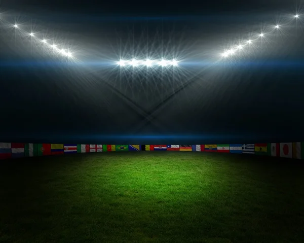 Γήπεδο ποδοσφαίρου με σημαίες και φώτα — Φωτογραφία Αρχείου