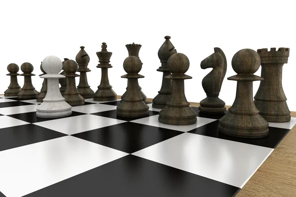 Black chess pieces on board with white pawn — Stock Photo, Image