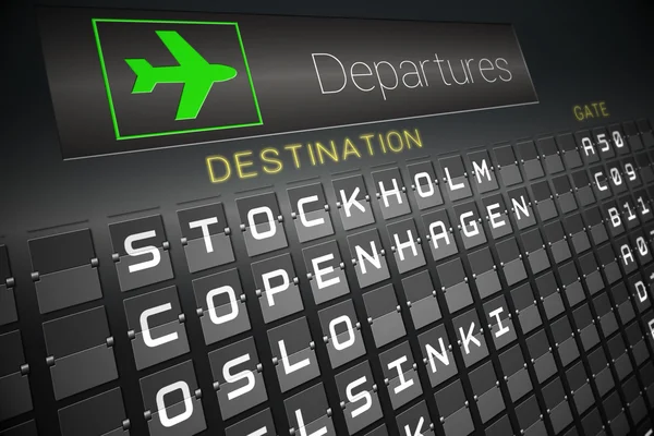 Black departures board for nordic cities — Stock Photo, Image