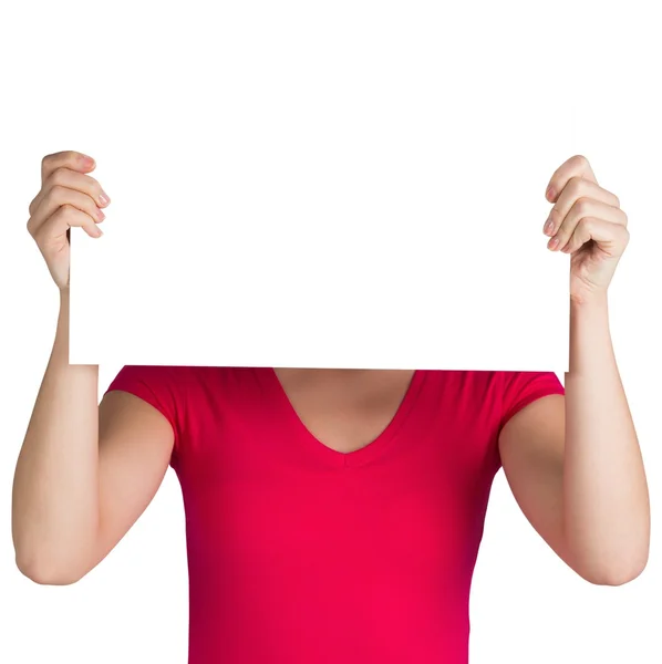 Kadın pembe tişört gösteren kart — Stok fotoğraf