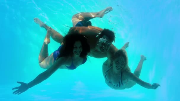 Friends swimming underwater in pool together — Stock Video