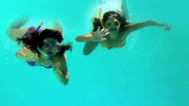 Счастливые друзья под водой в трубках — стоковое видео