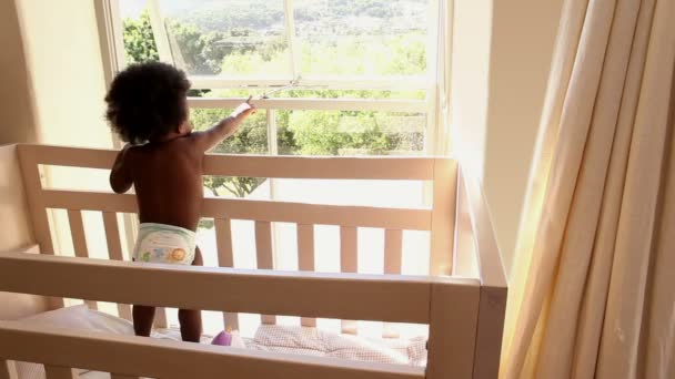 Baby in her crib looking out window — Stock Video