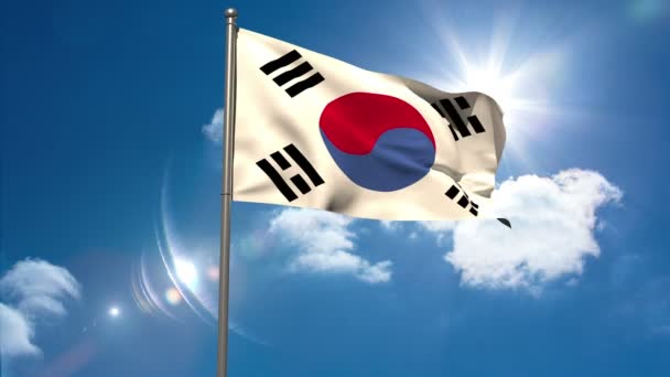 Δημοκρατία Κορέα εθνική σημαία κυματίζει στην κοντάρι σημαίας — Αρχείο Βίντεο