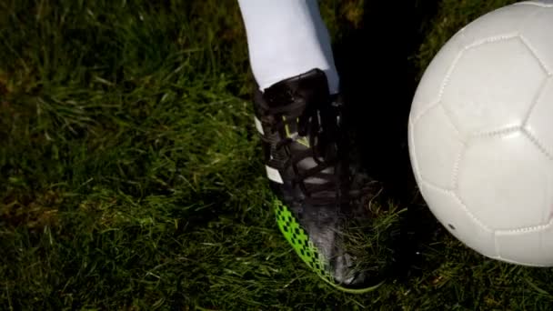 Voetballer schoppen de bal op gras — Stockvideo