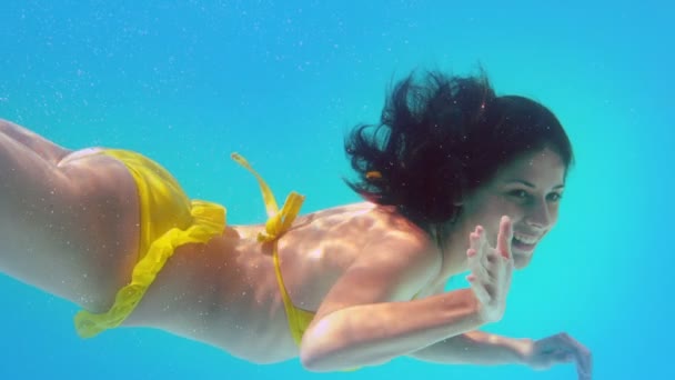 Великолепная брюнетка, плавающая под водой — стоковое видео